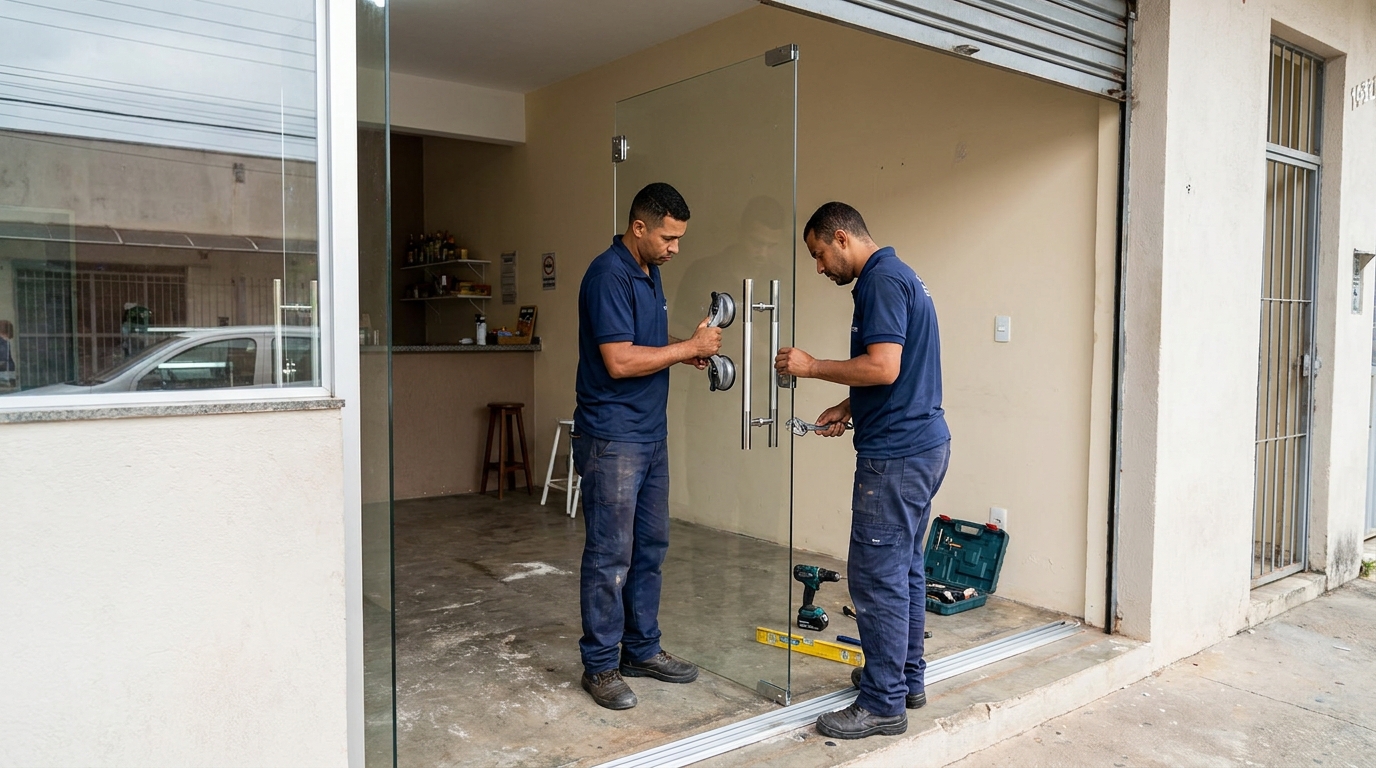 Dupla instalando porta de vidro em loja em Jaboatão dos Guararapes-PE